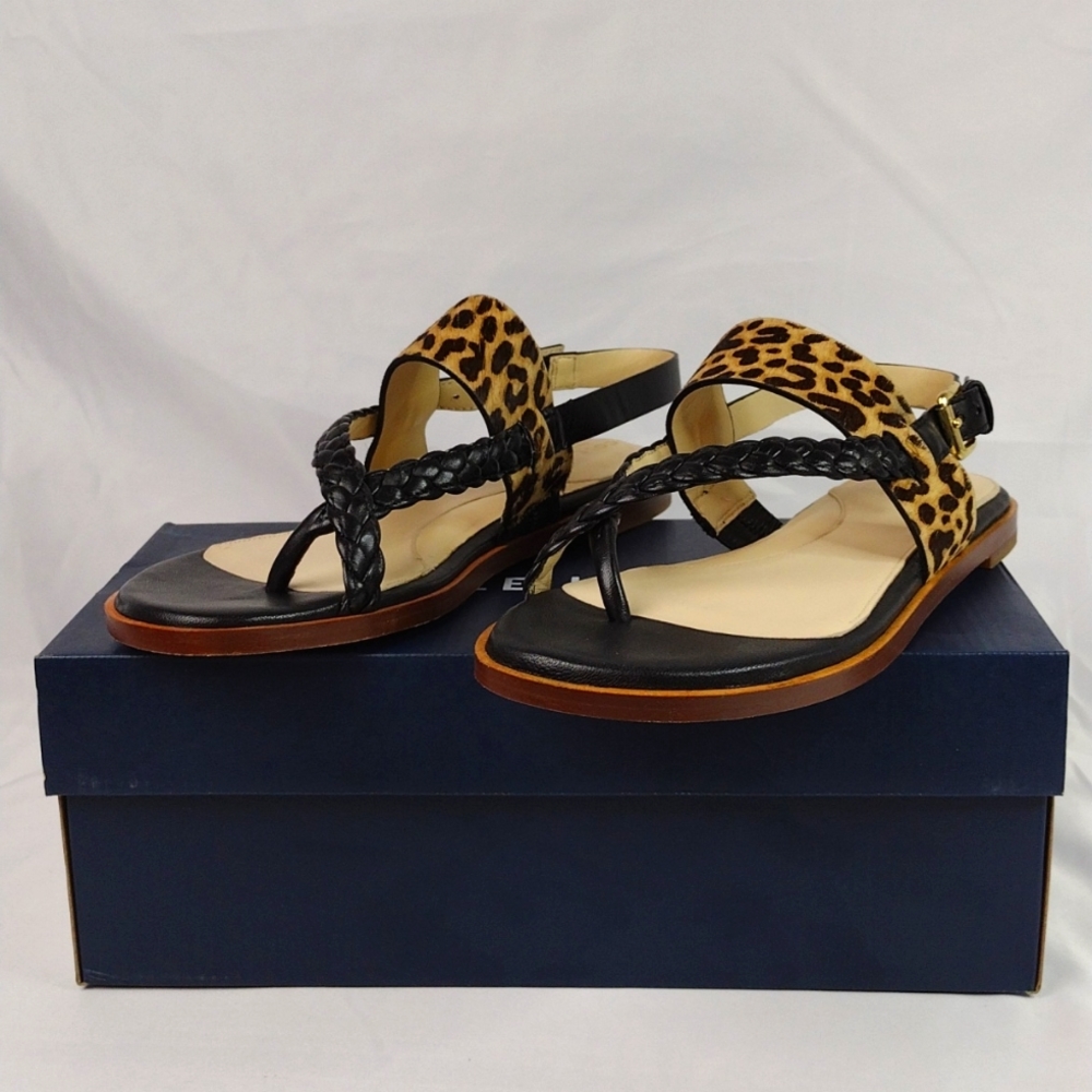 Cole Haan Black Leather/Cheetah Print Thong Sandals - Size 7